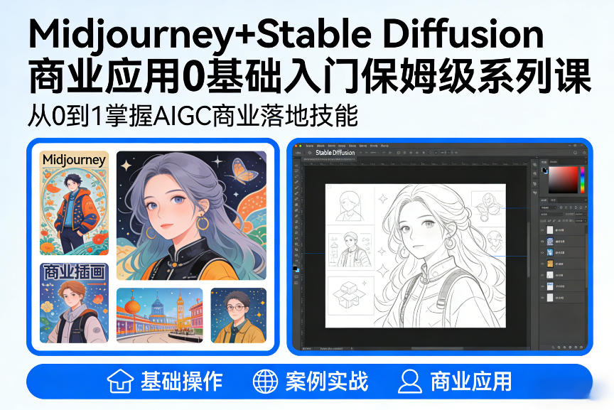 AIGC商业应用Midjourney+Stable Diffusion教程，0基础入门保姆级系列课-锦程资源站
