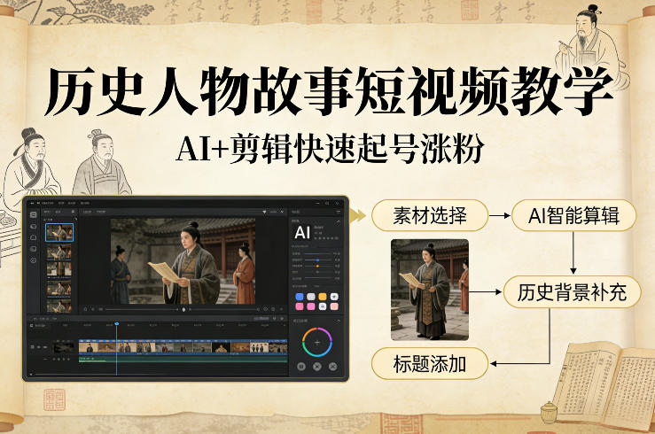 历史人物故事短视频教学，AI+剪辑制作历史人物题材短视频，快速起号涨粉-锦程资源站
