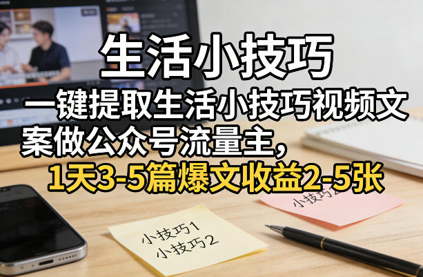 一键提取生活小技巧视频文案做公众号流量主，1天3-5篇爆文收益2-5张-锦程资源站
