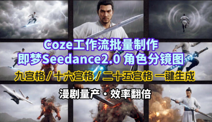 Coze工作流批量制作即梦Seedance2.0角色分镜图,九宫格-十六宫格-二十五宫格一键生成,漫剧量产,效率翻倍-锦程资源站