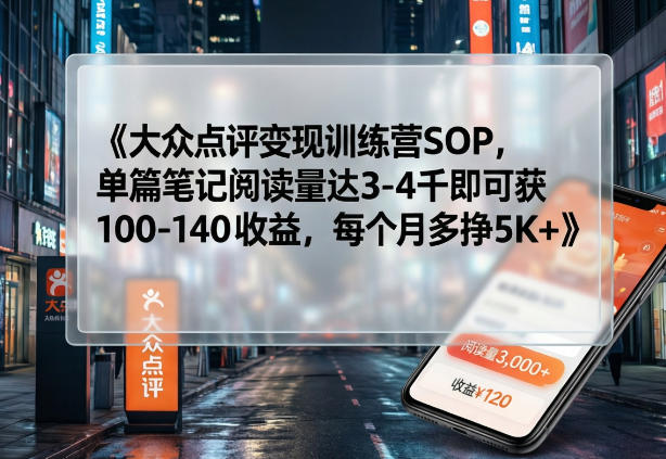 大众点评变现训练营SOP，单篇笔记阅读量达3-4千即可获100-140收益，每个月多挣5K+-锦程资源站