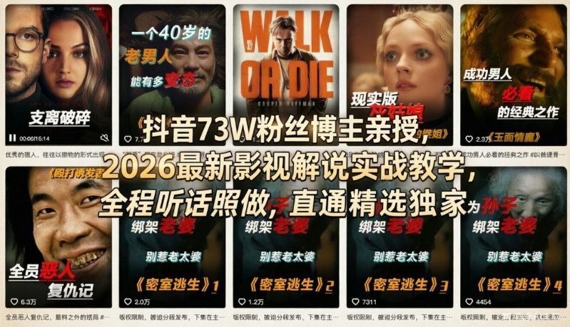 抖音73W粉丝博主亲授，2026最新影视解说实战教学，全程听话照做，直通精选独家-锦程资源站