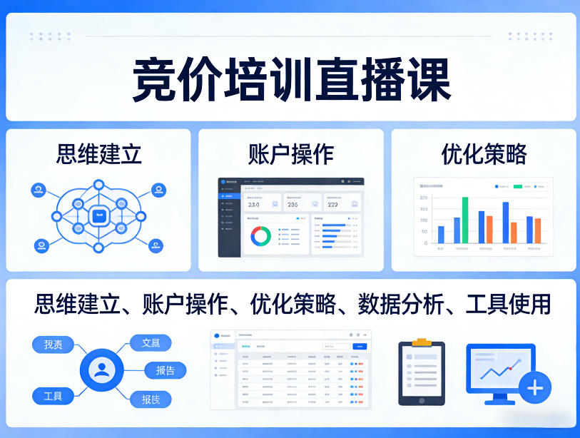 竞价培训直播课，覆盖思维建立、账户操作、优化策略、数据分析、工具使用等，全方位提升效果-锦程资源站