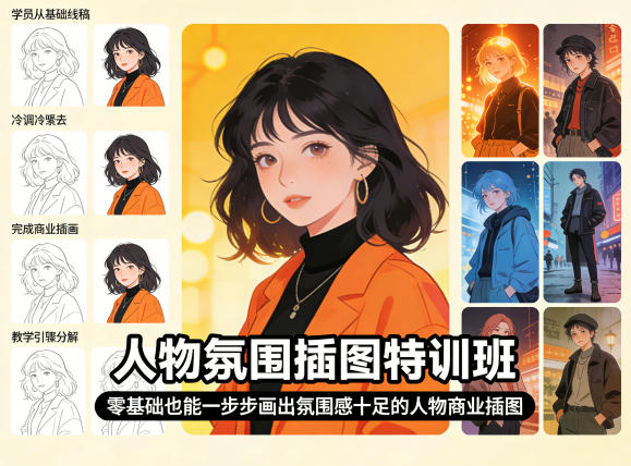 人物氛围插图特训班，零基础也能一步步画出氛围感十足的人物商业插图-锦程资源站