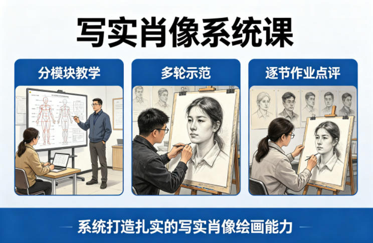 写实肖像系统课，全程分模块教学+多轮示范+逐节作业点评，系统打造扎实的写实肖像绘画能力-锦程资源站