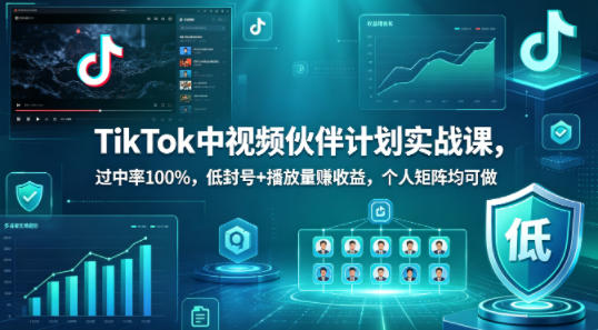 TikTok中视频伙伴计划实战课，过中率100%，低封号+播放量賺收益，个人矩阵均可做-锦程资源站