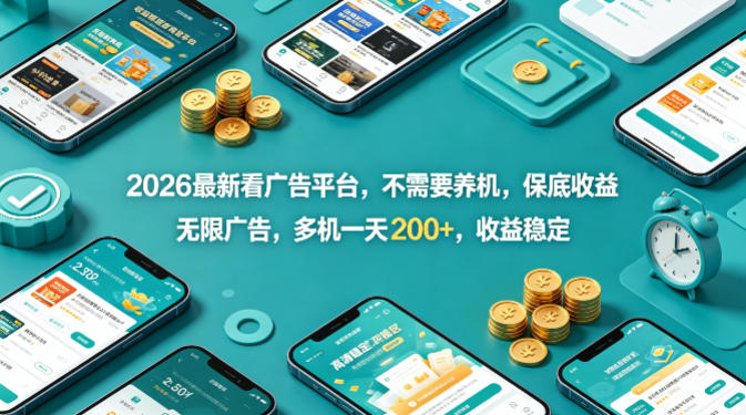 2026最新看广告平台，不需要养机，保底收益，无限广告，多机一天200+，收益稳定【揭秘】-锦程资源站