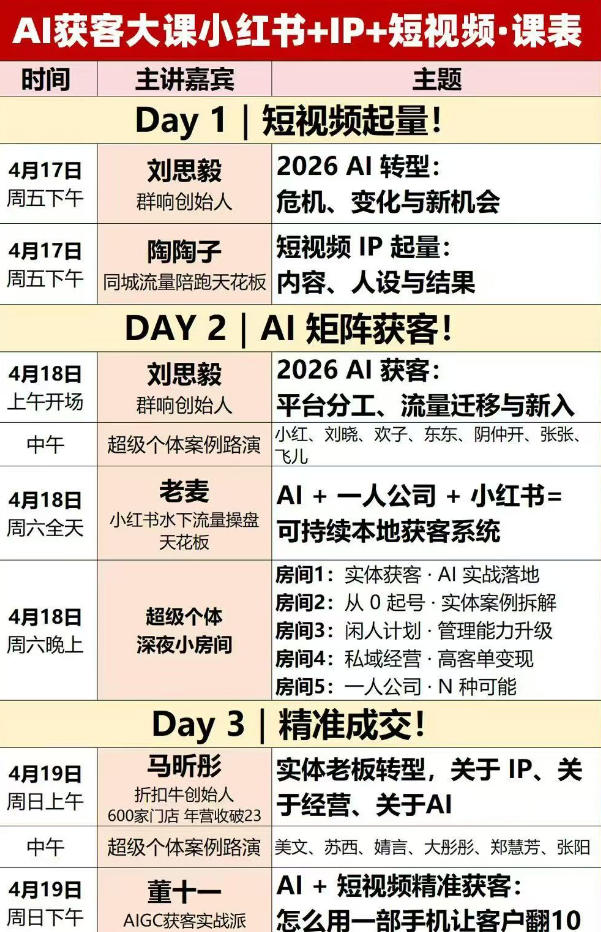 AI获客大课小红书+IP+短视频3天2夜线下课，用最真实的一线案例，最前沿的AI工具，最有效的流量打法（完整版）-锦程资源站
