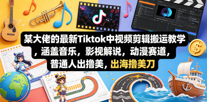 某大佬的最新Tiktok中视频剪辑搬运教学，涵盖音乐，影视解说，动漫赛道，普通人出海撸美刀-锦程资源站