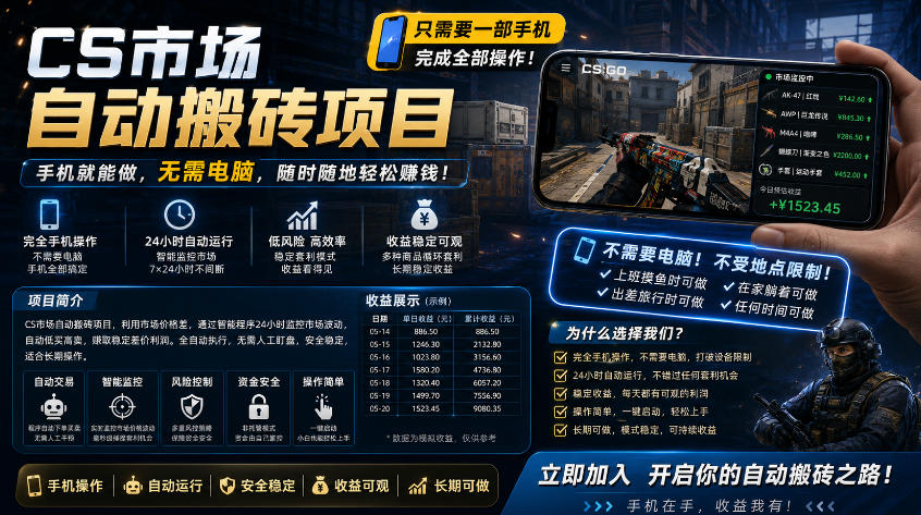手机即可操作的CS市场自动搬砖系统｜自动监控｜自动下单|日入300+【揭秘】-锦程资源站