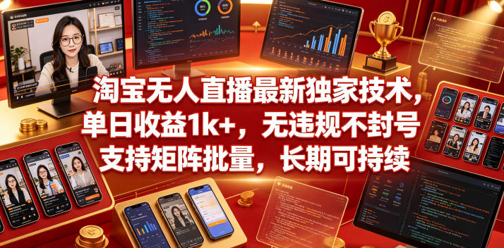 淘宝无人直播最新独家技术，单日收益1k+，无违规不封号，支持矩阵批量，长期可持续【揭秘】-锦程资源站