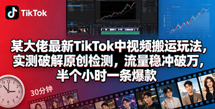 某大佬最新TikTok中视频搬运玩法，实测破解原创检测，流量稳冲破万，半个小时一条爆款-锦程资源站