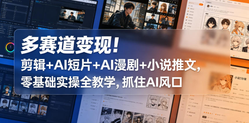 多赛道变现！剪辑+AI短片+AI漫剧+小说推文，零基础实操全教学，抓住AI风口-锦程资源站