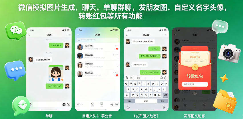 微信模拟图片生成，聊天，单聊群聊，发朋友圈，自定义名字头像，转账红包等所有功能都可以生成-锦程资源站