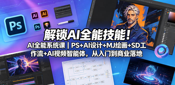 解锁AI全能技能！AI全能系统课｜PS+AI设计+MJ绘画+SD工作流+AI视频智能体，从入门到商业落地-锦程资源站