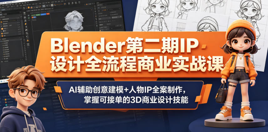 Blender第二期IP设计全流程商业实战课，AI辅助创意建模+人物IP全案制作，掌握可接单的3D商业设计技能-锦程资源站