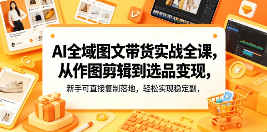 AI全域图文带货实战全课,从作图剪辑到选品变现,新手可直接复制落地,轻松实现稳定副业增收-锦程资源站