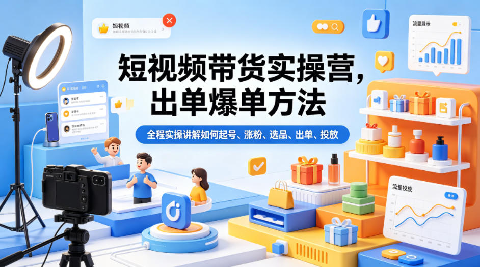 短视频带货实操营，出单爆单方法，全程实操讲解如何起号、涨粉、选品、出单、投放-锦程资源站