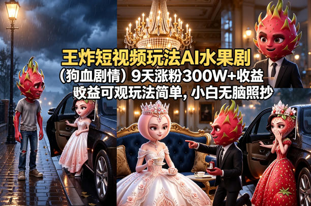 王炸短视频玩法AI水果剧（狗血剧情）9天涨粉300W+收益可观玩法简单，小白无脑照抄，详细拆解玩法-锦程资源站
