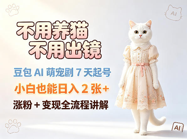 不用养猫不用出镜，豆包AI萌宠剧7天起号，小白也能日入2张+，涨粉+变现全流程讲解-锦程资源站