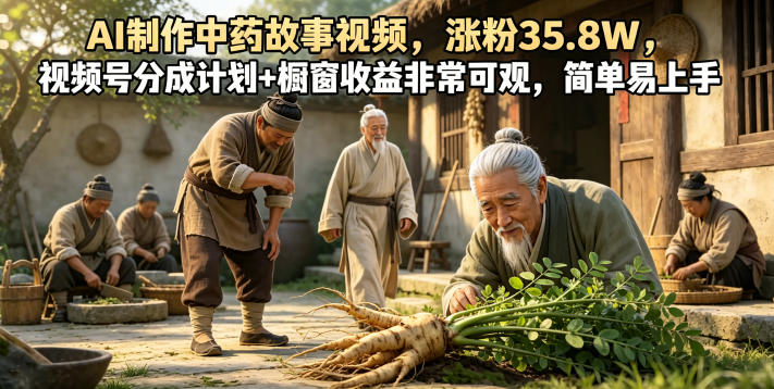 AI制作中药故事视频,涨粉35.8W,视频号分成计划+橱窗收益非常可观,简单易上手-锦程资源站