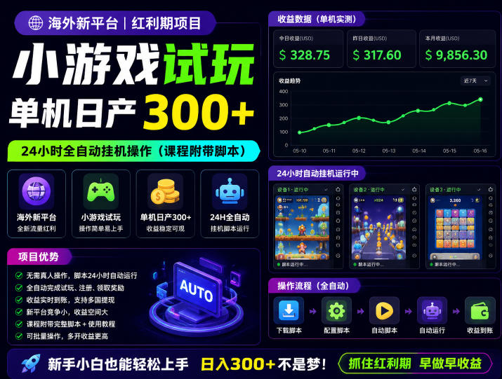 海外新平台，小游戏试玩，单机日产300+，24小时全自动挂G操作（课程附带脚本）【揭秘】-锦程资源站