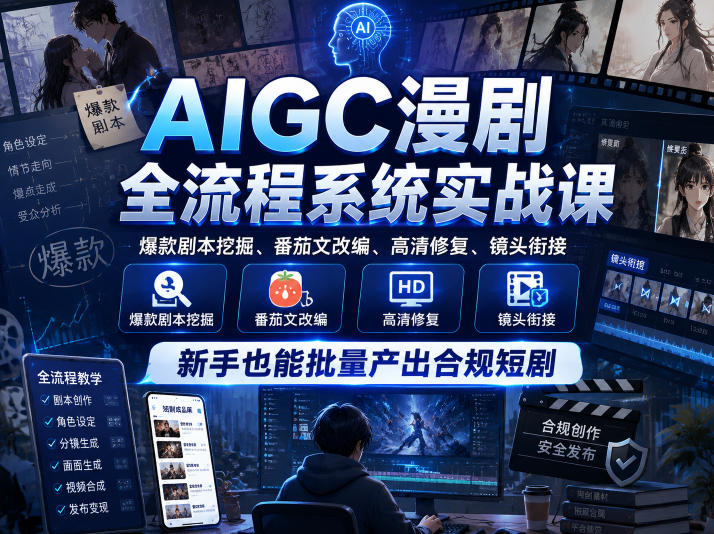 AIGC漫剧全流程系统实战课，爆款剧本挖掘、番茄文改编、高清修复、镜头衔接，新手也能批量产出合规短剧-锦程资源站