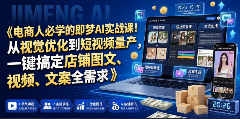 电商人必学的即梦AI实战课!从视觉优化到短视频量产,一键搞定店铺图文、视频、文案全需求-锦程资源站