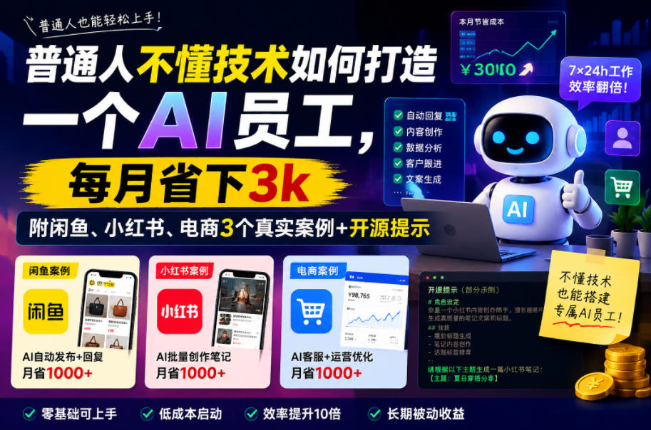普通人不懂技术如何打造一个AI员工，每月省下3k，附闲鱼、小红书、电商3个真实案例+开源提示【文档】-锦程资源站