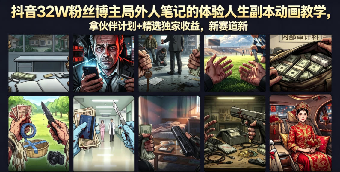 抖音32W粉丝博主局外人笔记的体验人生副本动画教学，拿伙伴计划+精选独家收益，新赛道新涨粉快【录制版】-锦程资源站