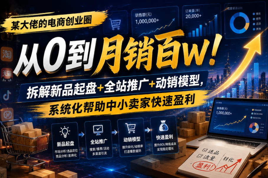 某大佬的电商创业圈从0到月销百W！拆解新品起盘+全站推广+动销模型，系统化帮助中小卖家快速盈利-锦程资源站