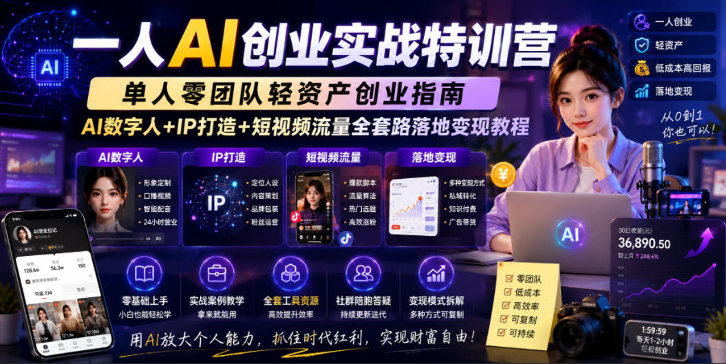 一人AI创业实战特训营,单人零团队轻资产创业指南,AI数字人+IP打造+短视频流量全套路落地变现教程-锦程资源站