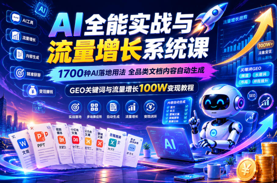 AI全能实战与流量增长系统课,1700种AI落地用法,全品类文档内容自动生成,GEO关键词与流量增长100W变现教程-锦程资源站