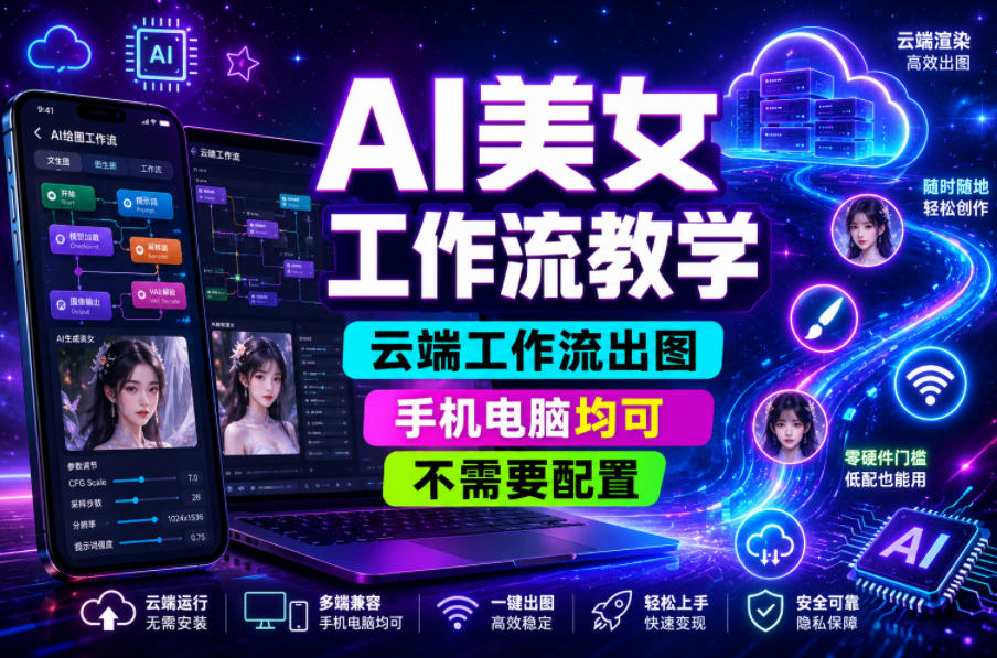 AI美女工作流教学,云端工作流出图,手机电脑均可,不需要配置,快速起号涨粉-锦程资源站