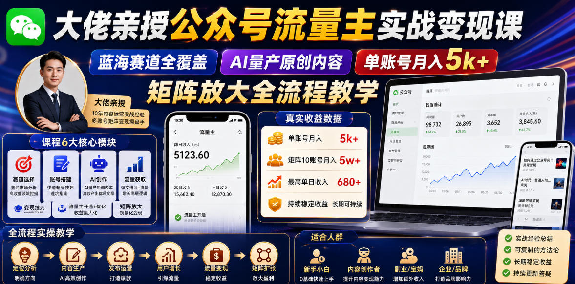 大佬亲授公众号流量主实战变现课,蓝海赛道全覆盖,AI量产原创内容,单账号月入5k+矩阵放大全流程教学-锦程资源站