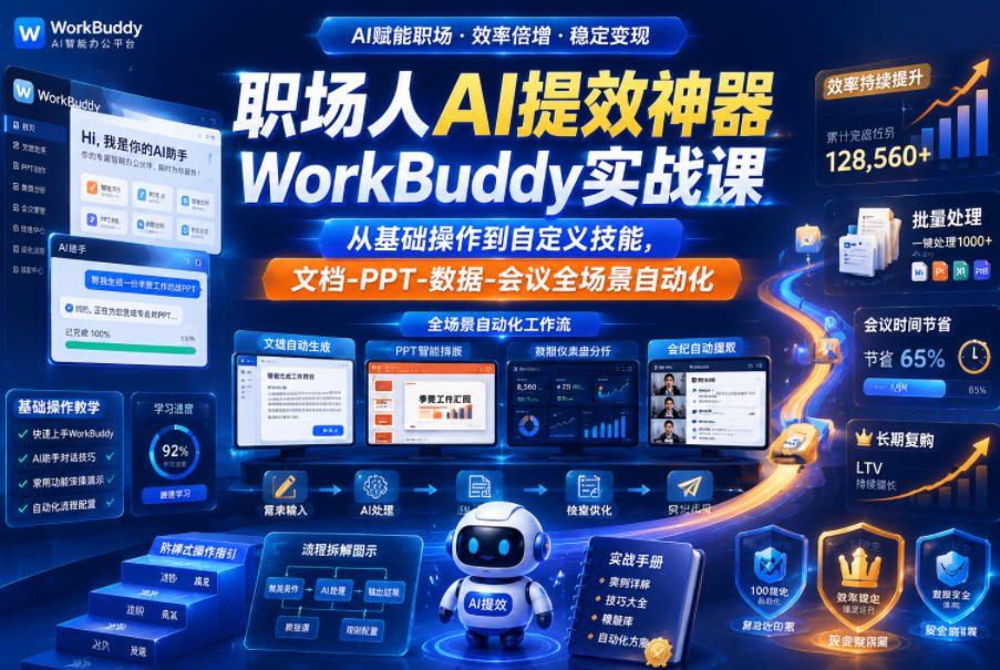 职场人AI提效神器WorkBuddy实战课，从基础操作到自定义技能，文档-PPT-数据-会议全场景自动化-锦程资源站