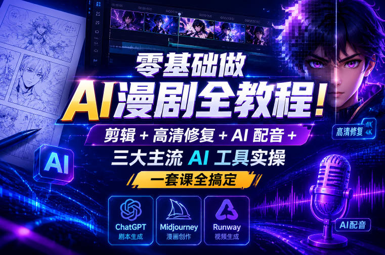 零基础做AI漫剧全教程！剪辑+高清修复+AI配音+三大主流AI工具实操，一套课全搞定-锦程资源站