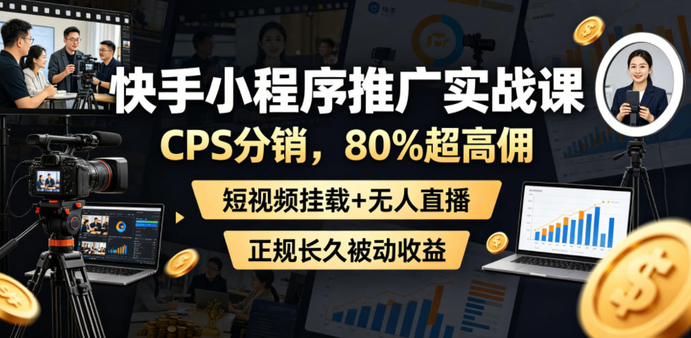 快手小程序推广实战课,CPS分销,80%超高佣,短视频挂载+无人直播,正规长久被动收益-锦程资源站