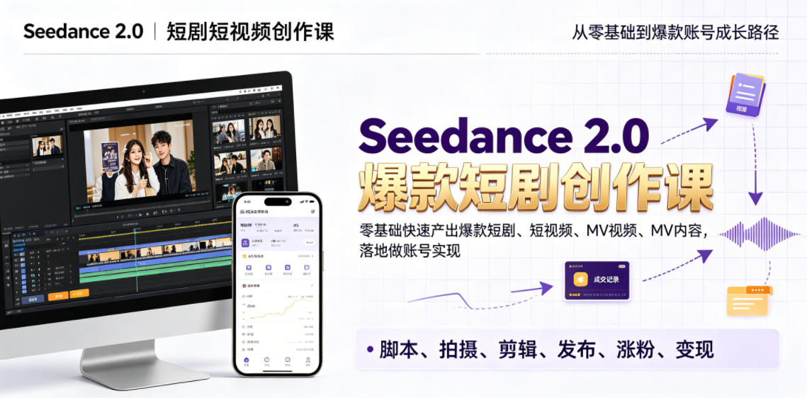 Seedance 2.0短剧短视频创作课，零基础快速产出爆款短剧、短视频、MV内容，落地做账号实现变现-锦程资源站