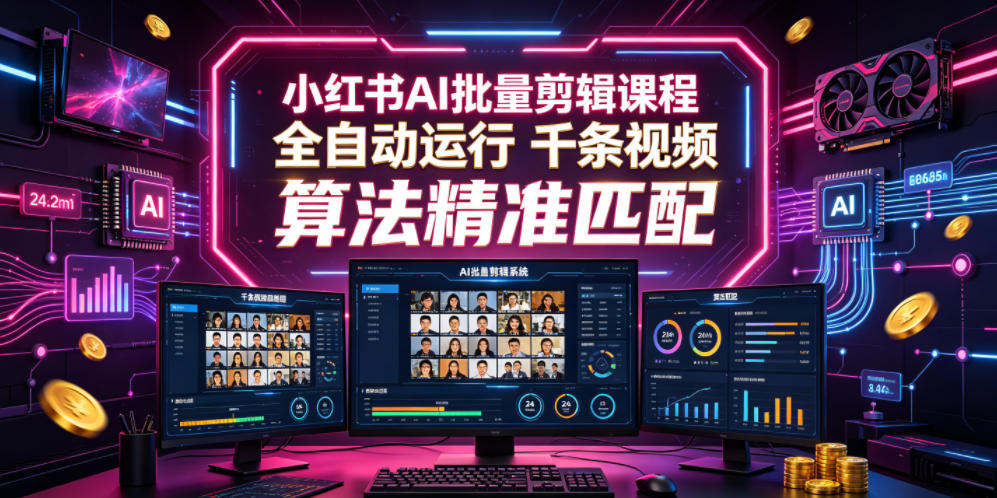小红书AI批量剪辑课程，24小时全自动运行，解放双手专注运营，千条视频批量处理，小红书算法精准匹配-锦程资源站