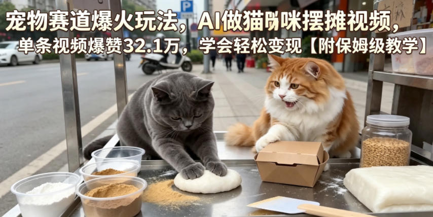 宠物赛道爆火玩法，AI做猫咪摆摊视频，单条视频爆赞32.1万，学会轻松变现【附保姆级教学】-锦程资源站