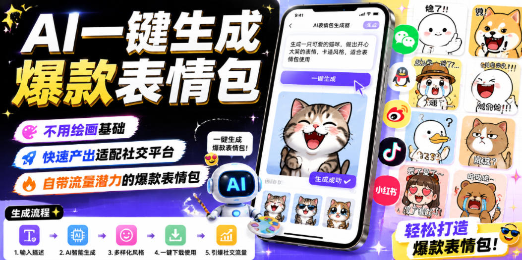 AI一键生成爆款表情包，不用绘画基础，快速产出适配社交平台，自带流量潜力的爆款表情包-锦程资源站