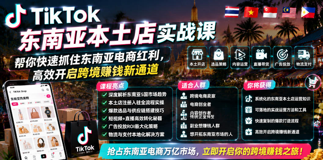 TikTok东南亚本土店实战课，帮你快速抓住东南亚电商红利，高效开启跨境賺钱新通道-锦程资源站