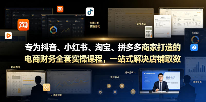专为抖音、小红书、淘宝、拼多多商家打造的电商财务全套实操课程，一站式解决店铺取数、记账、报税全流程难题-锦程资源站