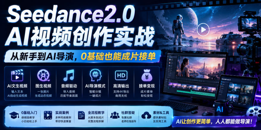 Seedance2.0 AI视频创作实战，从新手到AI导演，0基础也能成片接单变现-锦程资源站