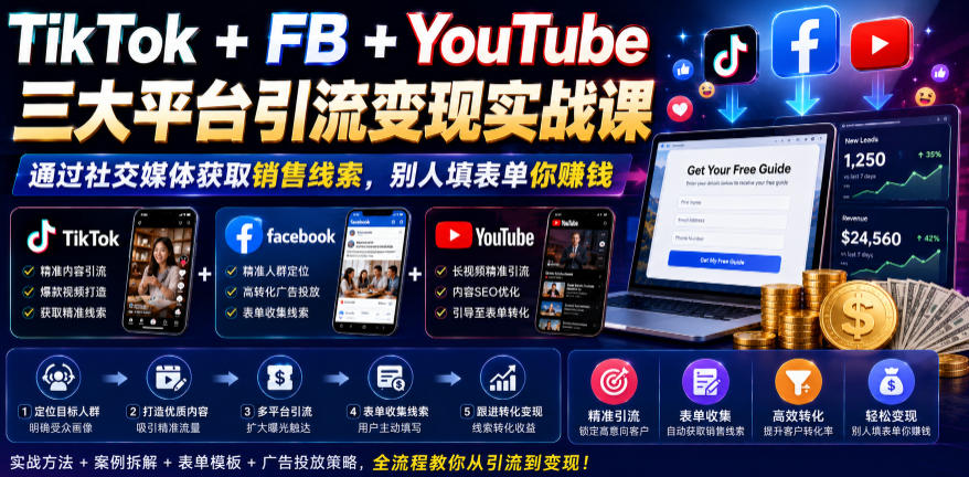 TikTok+FB+YouTube三大平台引流变现实战课，通过社交媒体获取销售线索，别人填表单你賺钱【原创双语字幕】-锦程资源站