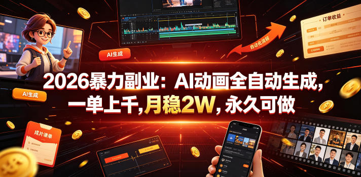 2026暴力副业：AI动画全自动生成，一单上千，月稳2W，永久可做【揭秘】-锦程资源站
