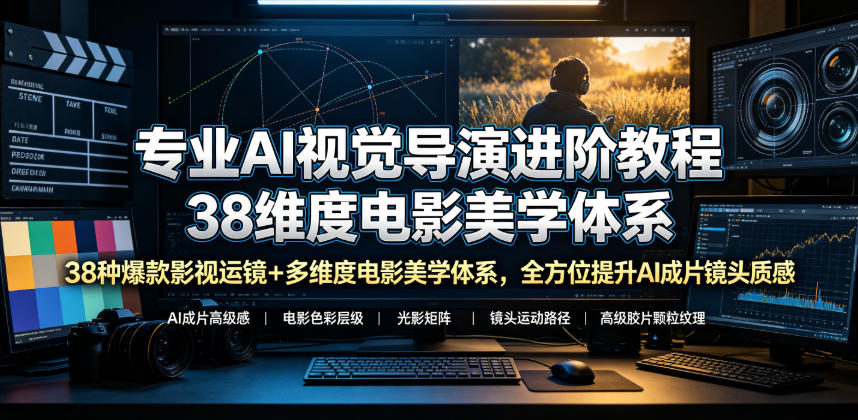 专业AI视觉导演进阶教程，38种爆款影视运镜+多维度电影美学体系，全方位提升AI成片高级感与镜头质感-锦程资源站