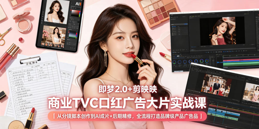 即梦2.0+剪映商业TVC口红广告大片实战课｜从分镜脚本创作到AI成片+后期精修，全流程打造品牌级产品广告-锦程资源站