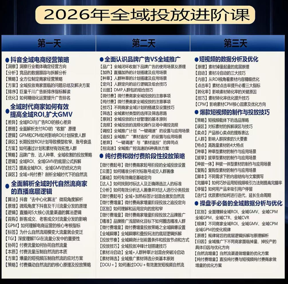 千川扫地僧2026抖音全域投放进阶课，少走弯路·快速起量·掌控增长，6月12-14号杭州线下课-锦程资源站